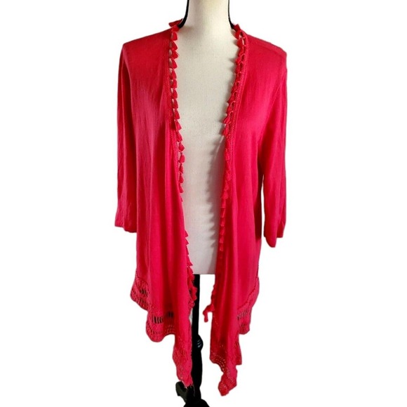 Chico's Red Linen Blend Tassel Waterfall Hem 3/4 Sleeve Open Front Sweater 2 (L) - Picture 1 of 5